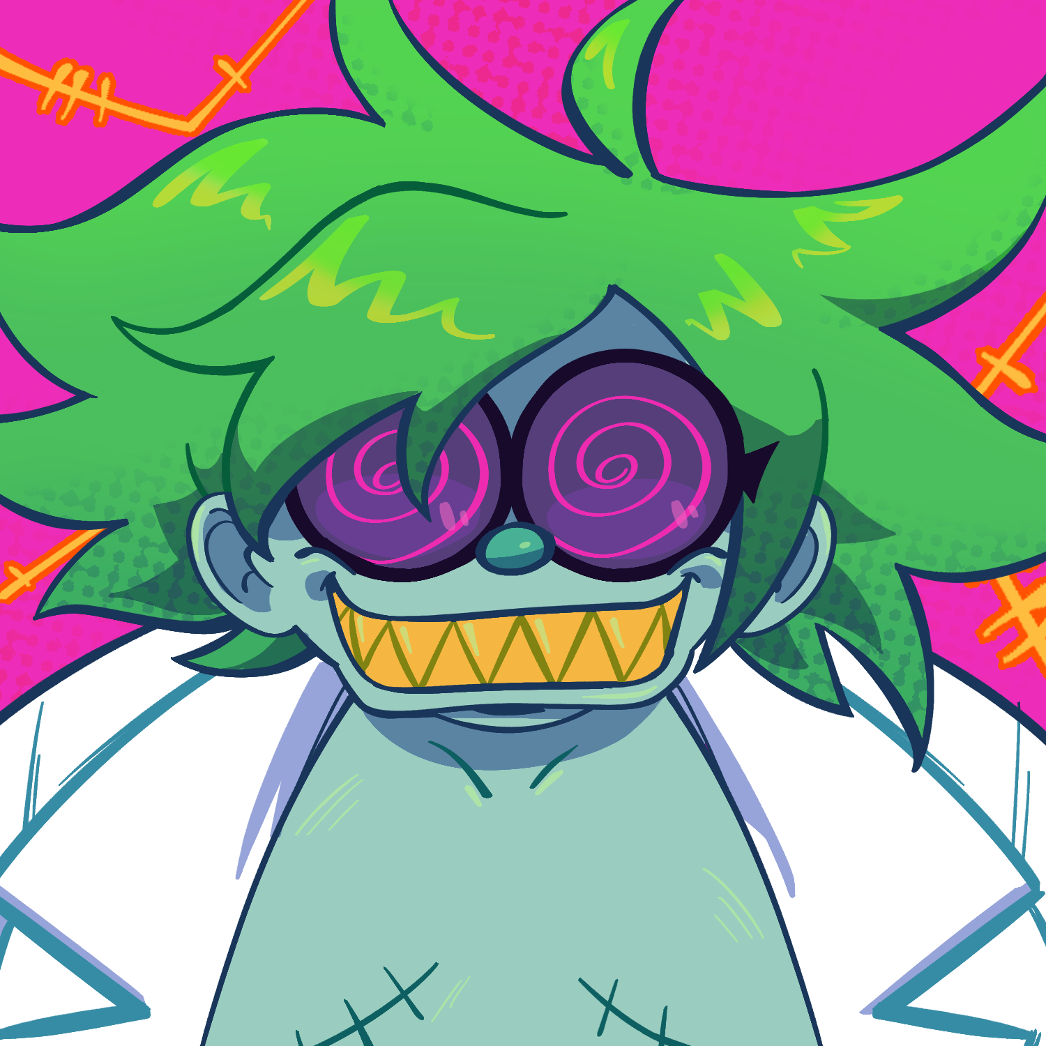 Electricfrank3n's mascot character smiling at the viewer. He is round with blue skin and green spiky hair, plus purple swirly glasses.