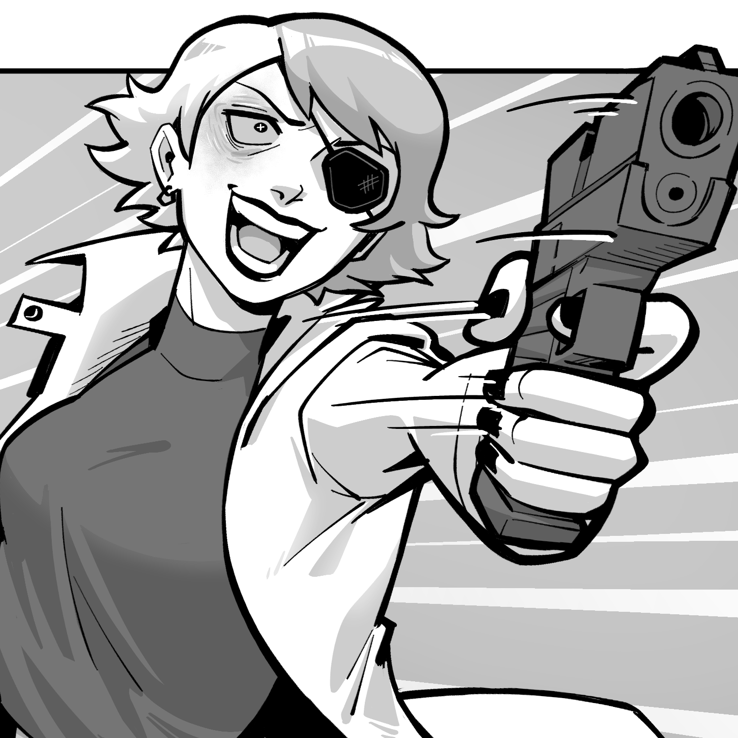 A preview of the comic in which Kitty, the protagonist, is grabbing a gun out from under her labcoat.
